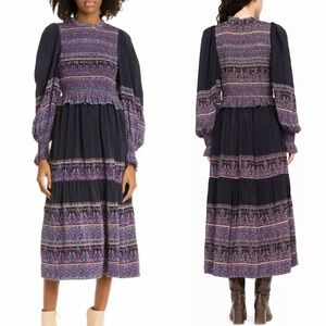 Sea New York Adela Black and Purple Smocked Long Sleeve Silk Dress